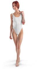 Mockup of white swimsuit one piece on redhead girl in full height, png, front view