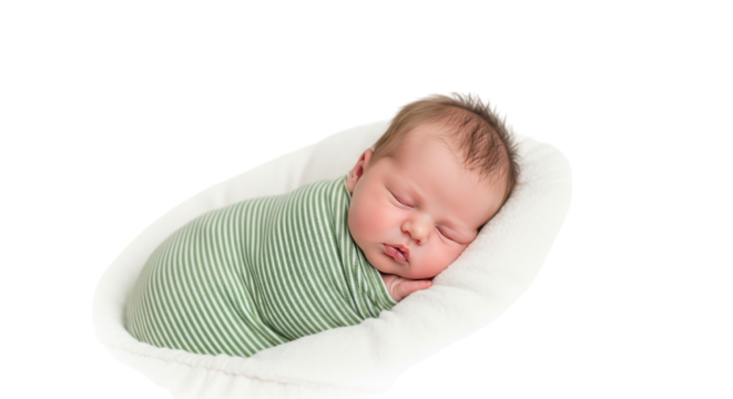 Newborn baby sleeping peacefully in striped swaddle isolated on a transparent background