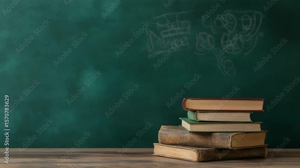 Aufkleber stack of books on wooden desk in front of green chalkboard with drawings symbolizing back to school,