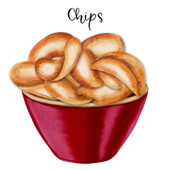 Chips. Watercolor food drawing. Red pack of potato chips. Snack. Fast food. Suitable for menu, advertising, cookbook, textile