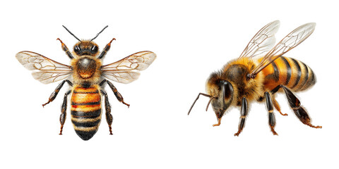 Two honey bees displayed on a black background one facing front the other in profile