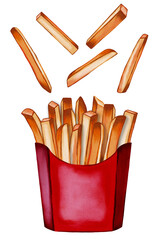 Red box with french fries. Fast food. Watercolor drawing of food. Suitable for menu, advertising, wrapping paper, fabric and textile.