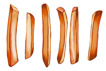 French fries isolated on white background. Fast food. Watercolor food drawing. Suitable for menu, advertising, wrapping paper, fabric and textile.