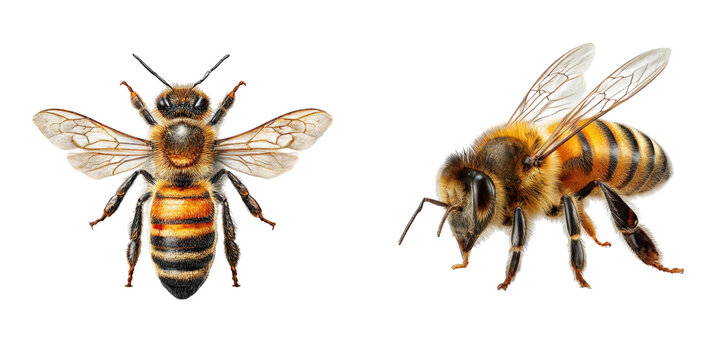 Two honey bees displayed on a black background one facing front the other in profile