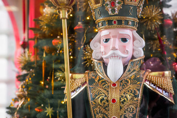 The Nutcracker on the New Year's tree in Moscow. New Year's card 2026. Beautiful Christmas...