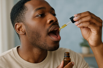 Young man taking cbd oil supplement with dropper at home, practicing self care and wellness with natural remedy for health