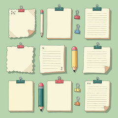 A neatly arranged collection of hand-drawn stationery with various note papers, colorful binder clips, and pencils for organized study or office planning.
