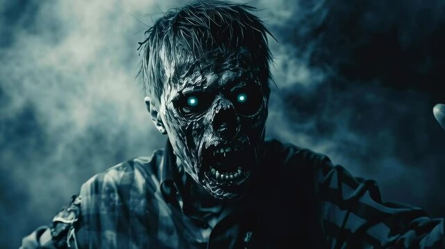 A zombie man with blue eyes is reaching out with his hand. The image has a dark and eerie mood, with the man's zombie appearance and the smoke in the background