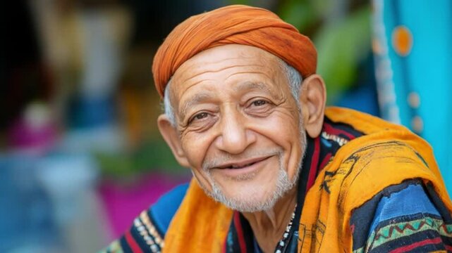 Smiling elder wearing orange turban