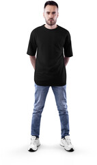 Mockup black t-shirt oversize on a bearded man in full height, png, front view