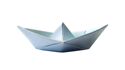 A delicate blue origami paper boat, meticulously folded and isolated on a clean white background