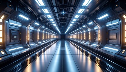 Futuristic Corridor with Glowing Lights and Reflective Floor