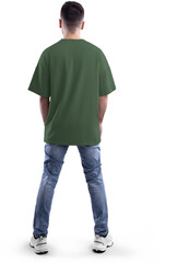 Mockup of a green oversized t-shirt on a bearded man in full height, png, back view