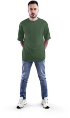 Mockup of a green oversized t-shirt on a bearded man in full height, png, front view