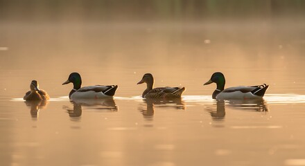 Golden Hour Swim Mallard Ducks in Serene Water, Wildlife Scene with Mallards Swimming in a Lake