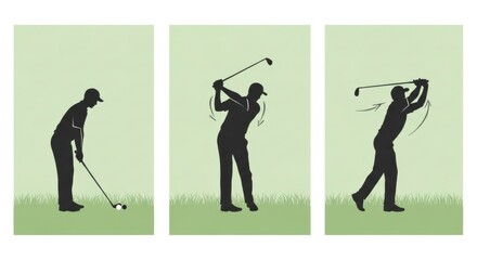 Golf learning. 3-frame clean infographic of a golfer performing swing: 1) stance, 2) backswing, 3) follow-through.