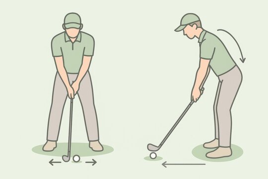 Golf learning. Minimalist vector illustration showing basic golf stance from front and side view - Powered by Adobe