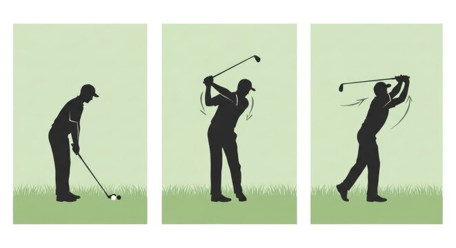 Golf learning. 3-frame clean infographic of a golfer performing swing: 1) stance, 2) backswing, 3) follow-through.