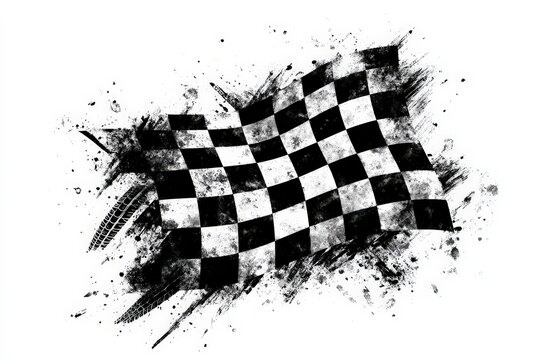 Checkered race flag with grunge effect and tire tracks on a white backdrop