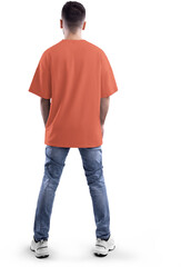 Naklejka premium mockup orange t-shirt oversize on a bearded man in full height, png, back view