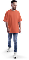 Mockup orange t-shirt oversize on a bearded man in full height, png, front view
