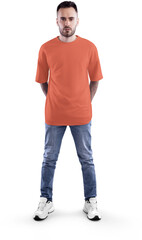 Mockup orange t-shirt oversize on a bearded man in full height, png, front view