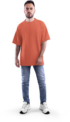 Mockup orange t-shirt oversize on a bearded man in full height, png, front view