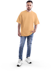 Mockup of nude, beige, tun oversized t-shirt on full-length bearded guy, png, front view