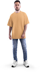Mockup of nude, beige, tun oversized t-shirt on full-length bearded guy, png, front view