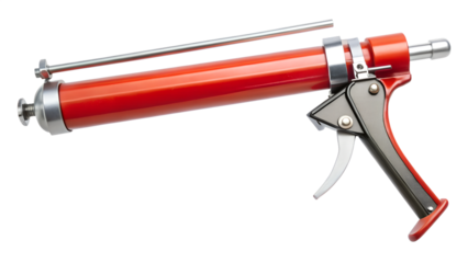 A red sealant gun with a metal barrel and trigger, isolated on a white background