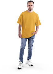 Mockup yellow t-shirt oversize on bearded guy in full height, png, front view