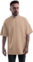 Mockup of nude, beige, tun oversized t-shirt on bearded guy, png, front view