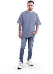 Fototapeta premium Mockup violet t-shirt oversize on a bearded man in full height, png, front view