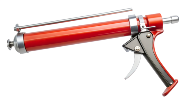 A red sealant gun with a metal barrel and trigger, isolated on a white background
