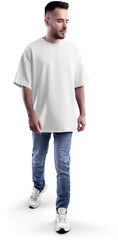Mockup white t-shirt oversize on a bearded man in full height, png, front view