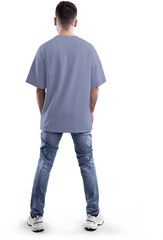 Naklejka premium Mockup violet t-shirt oversize on a bearded man in full height, png, back view