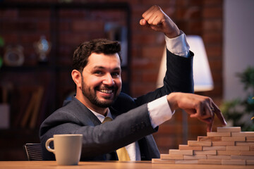 Asian corporate professional climbing block steps, representing growth and leadership journey