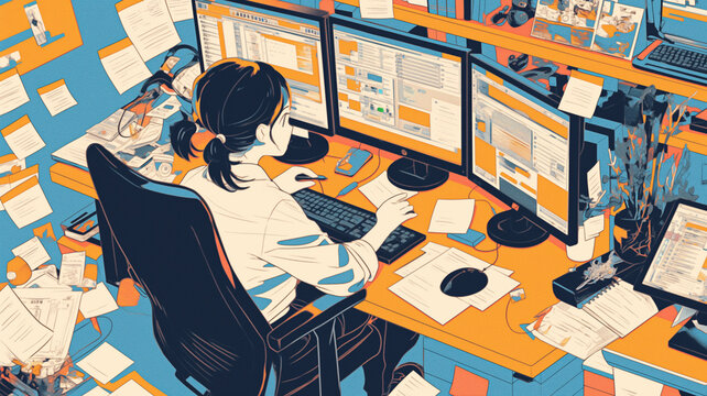 落ち着いた空間でノートPCを操作しながら仕事を進める女性　メール処理　資料作成　オンライン会議　情報収集　働く女性の日常　テクノロジーと知性を感じさせるビジュアル素材
