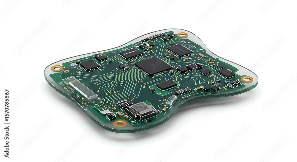 Poster a custom-shaped green printed circuit board with microchips and electronic components, isolated on a