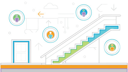 Illustration of stairs with people icons door and arrows in a modern style design concept art