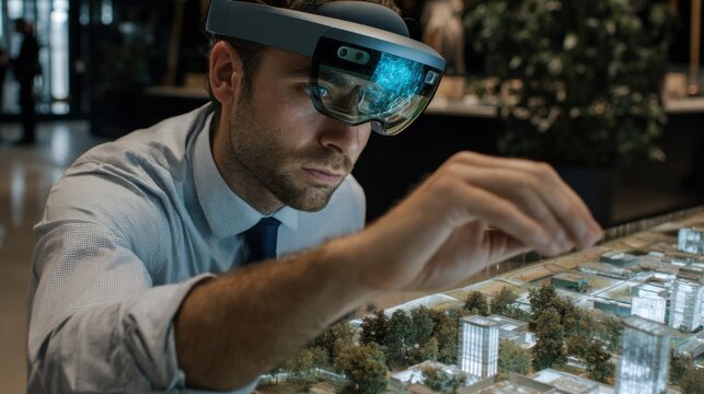 Innovative technology demonstration urban environment augmented reality business presentation close-up view future concepts