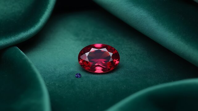Luxurious oval cut red ruby gemstone resting on rich emerald green satin fabric