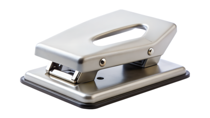 A sleek, silver metal hole puncher isolated on a white background, ready for office tasks