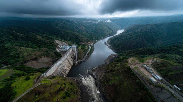 Aerial view of hydroelectric dam along river valley in lush landscape nature photography cloudy atmosphere