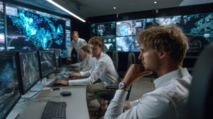 Fototapeta premium Intense monitoring session control room digital operations high-tech environment focused perspective data analysis