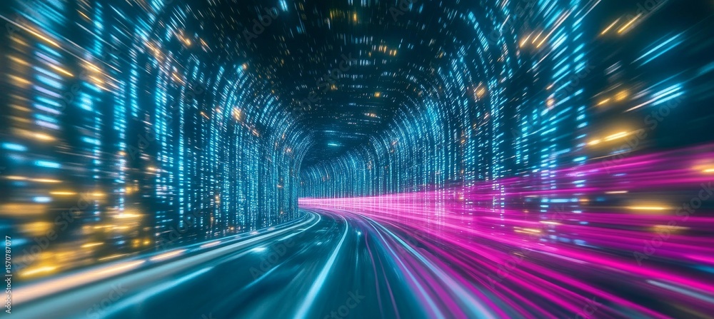 Poster accelerating technologies convergence tunnel illuminated data highways with light speed data flow