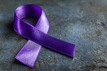 Close up shot of a purple ribbon lying on a textured gray surface indoors