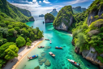 A breathtaking aerial view of a hidden tropical cove framed by lush cliffs and crystal-clear turquoise water, with long-tail boats anchored gracefully on a pristine white sandy beach