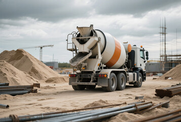 Concrete Mixer Truck Parked at Industrial Construction Site