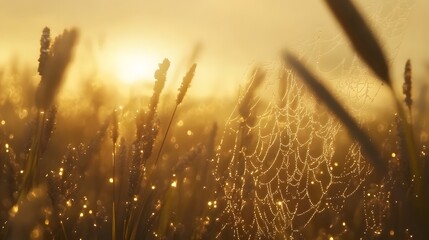 Obraz premium Dew-kissed spiderweb in a golden field at sunrise.